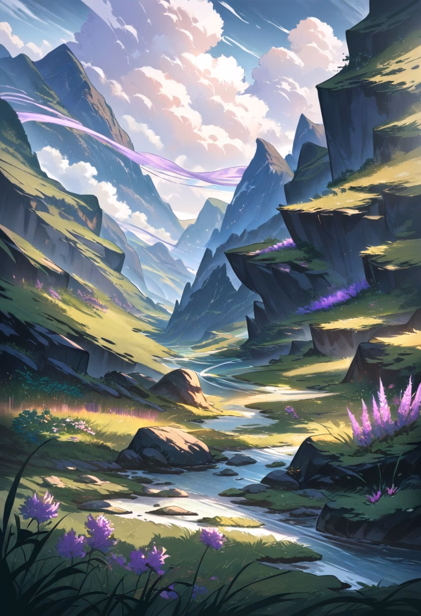 Purple Highland Meadow — view 5 — highland meadow beneath dramatic mountains, purple heather, winding trail, cloudy sky, soft sunlight, remote wilderness,