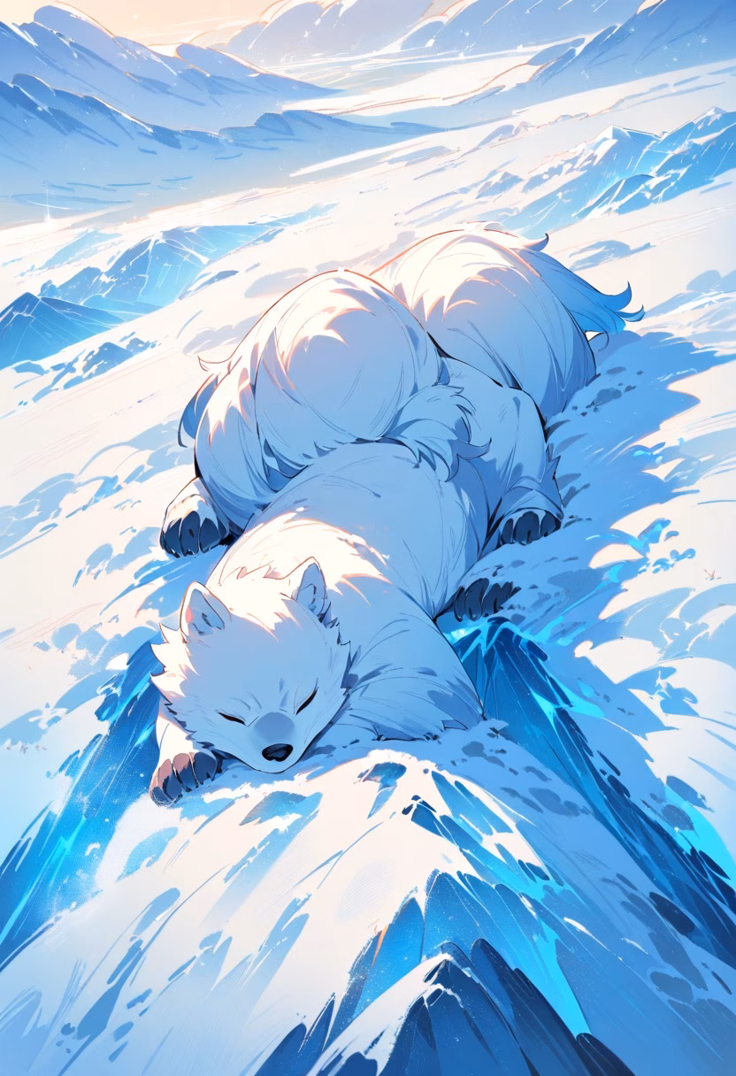 Polar Bear on the Ice — view 1 — sleeping polar bear on snowy ice field, distant icy mountains, soft blue light, peaceful winter wildlife, detailed thick