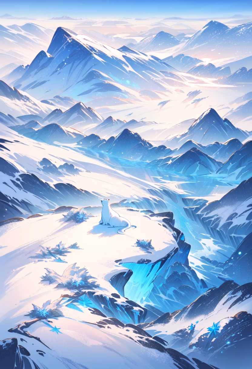 Polar Bear on the Ice — view 2 — sleeping polar bear on snowy ice field, distant icy mountains, soft blue light, peaceful winter wildlife, detailed thick