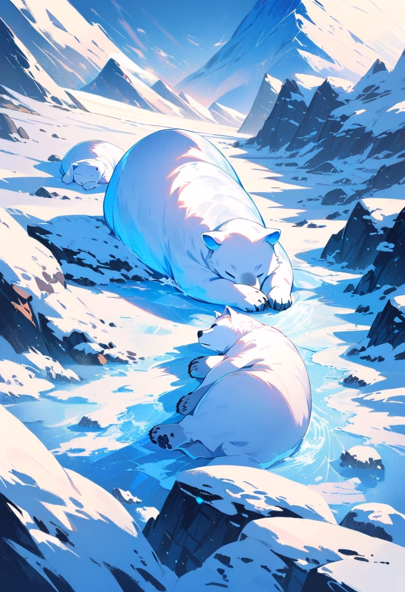 Polar Bear on the Ice — view 3 — sleeping polar bear on snowy ice field, distant icy mountains, soft blue light, peaceful winter wildlife, detailed thick