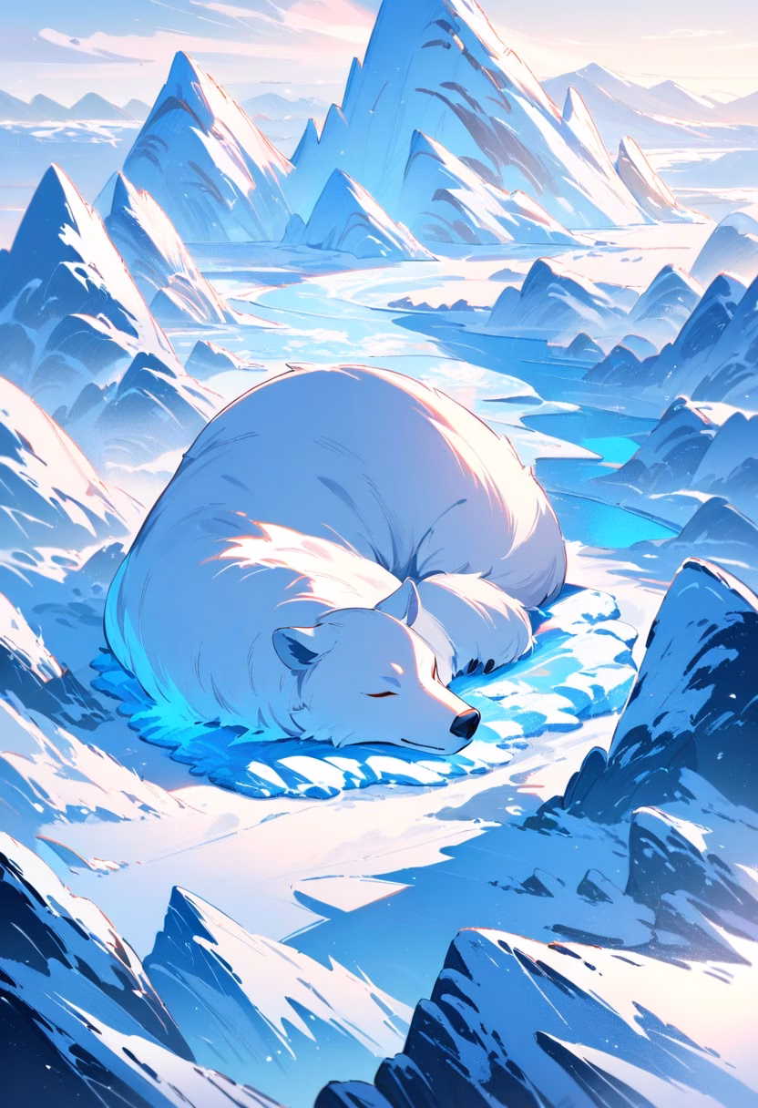 Polar Bear on the Ice — view 4 — sleeping polar bear on snowy ice field, distant icy mountains, soft blue light, peaceful winter wildlife, detailed thick