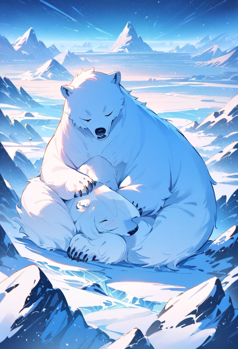 Polar Bear on the Ice — view 5 — sleeping polar bear on snowy ice field, distant icy mountains, soft blue light, peaceful winter wildlife, detailed thick