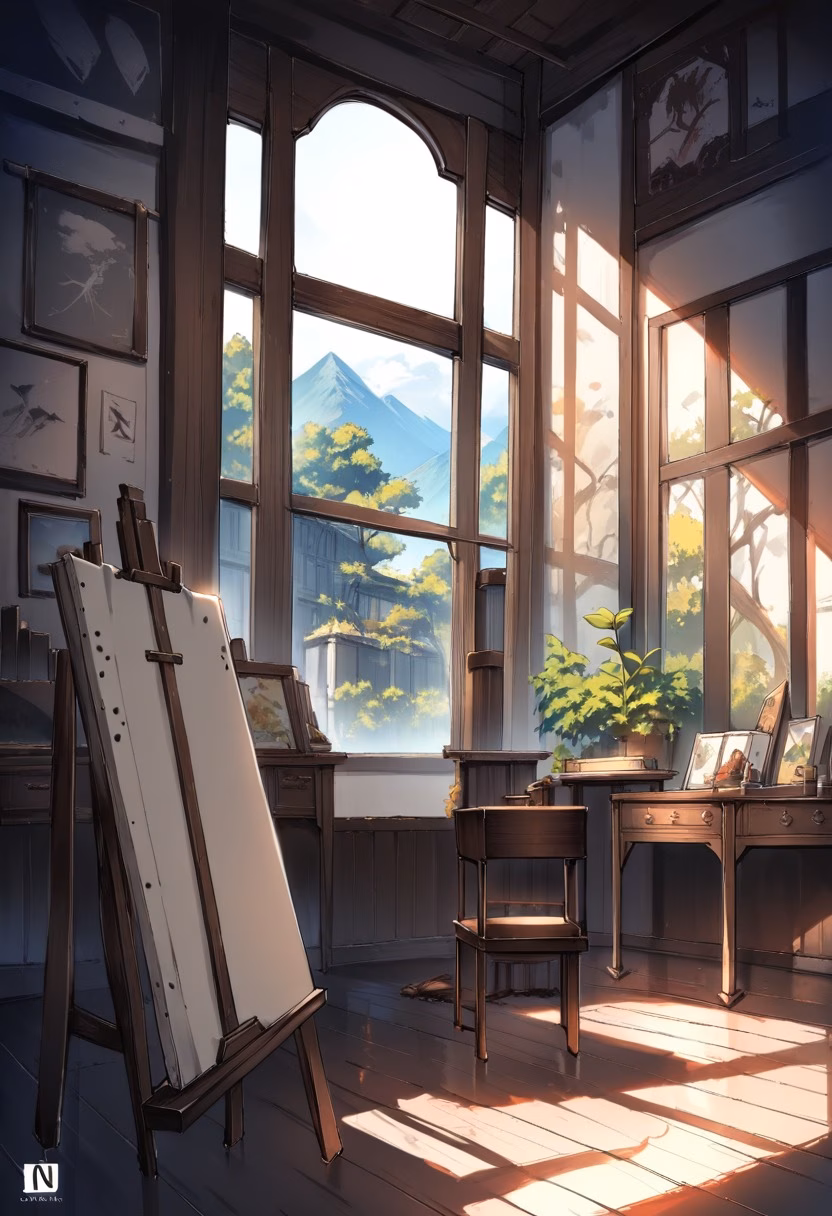 Sunlit Artist Studio — view 1 — elegant art studio, large north-facing windows, canvases, paint brushes, wooden easel, soft daylight, creative atmospher