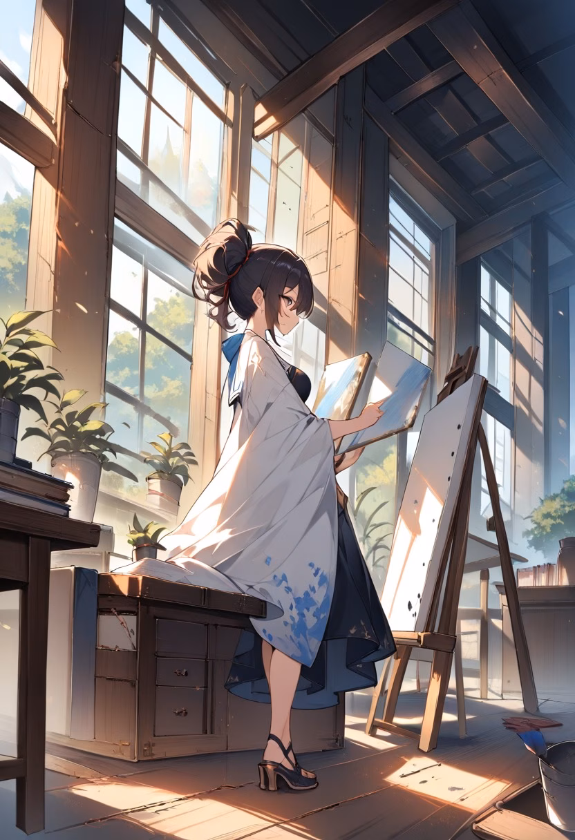 Sunlit Artist Studio — view 2 — elegant art studio, large north-facing windows, canvases, paint brushes, wooden easel, soft daylight, creative atmospher