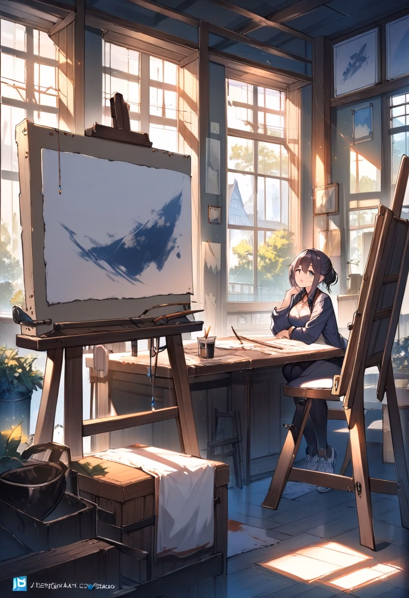Sunlit Artist Studio — view 3 — elegant art studio, large north-facing windows, canvases, paint brushes, wooden easel, soft daylight, creative atmospher