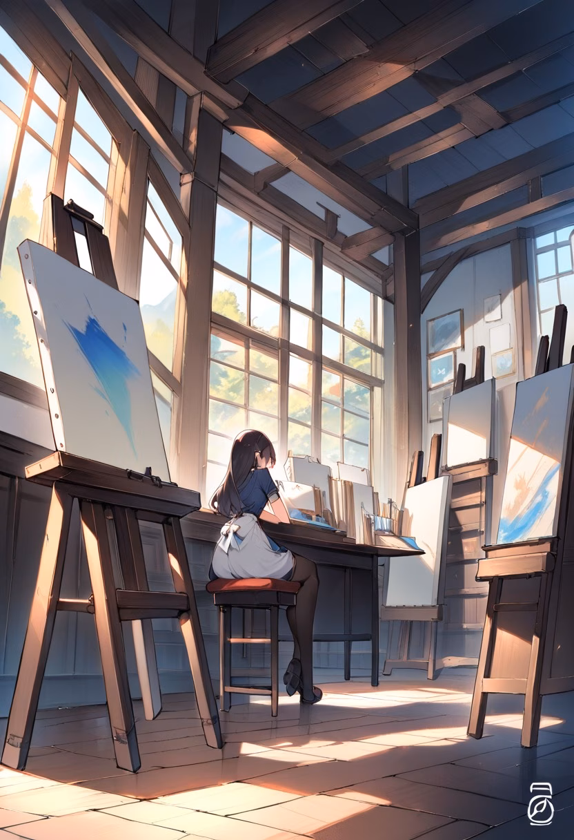 Sunlit Artist Studio — view 4 — elegant art studio, large north-facing windows, canvases, paint brushes, wooden easel, soft daylight, creative atmospher