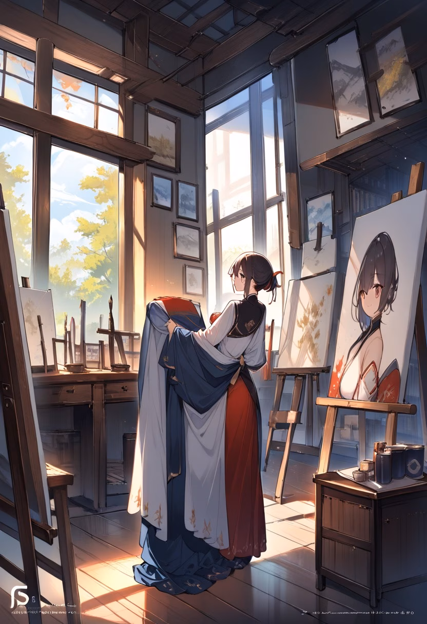 Sunlit Artist Studio — view 5 — elegant art studio, large north-facing windows, canvases, paint brushes, wooden easel, soft daylight, creative atmospher