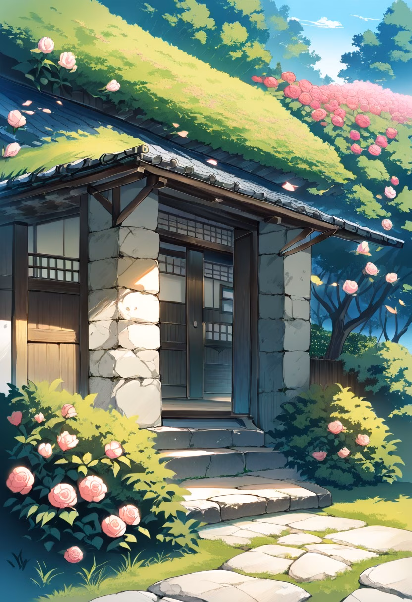Rose Covered Cottage — view 1 — stone cottage surrounded by blooming roses, green garden, winding path, blue sky, warm summer light, charming countrysid