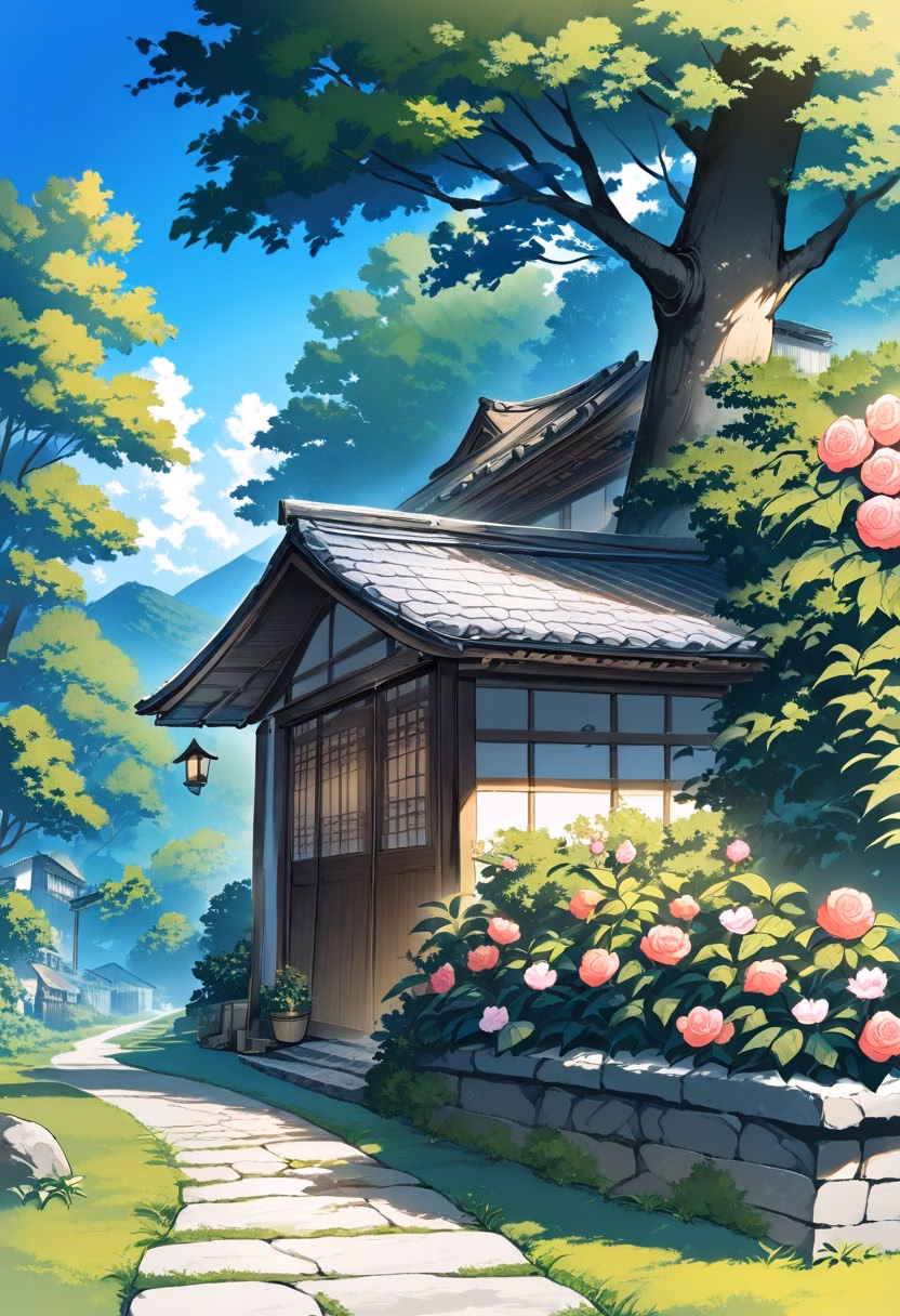 Rose Covered Cottage — view 2 — stone cottage surrounded by blooming roses, green garden, winding path, blue sky, warm summer light, charming countrysid