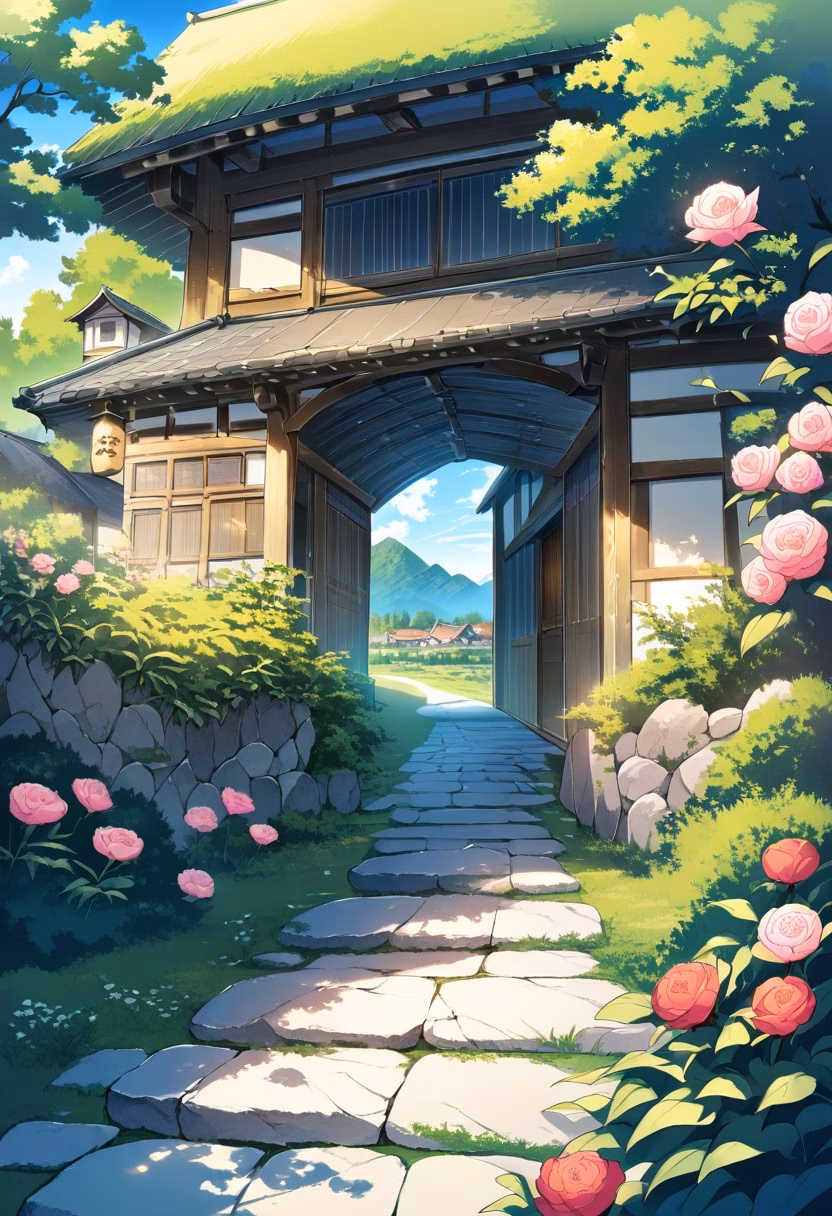 Rose Covered Cottage — view 3 — stone cottage surrounded by blooming roses, green garden, winding path, blue sky, warm summer light, charming countrysid