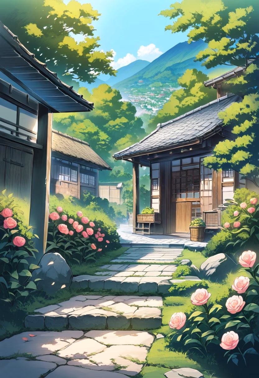 Rose Covered Cottage — view 4 — stone cottage surrounded by blooming roses, green garden, winding path, blue sky, warm summer light, charming countrysid