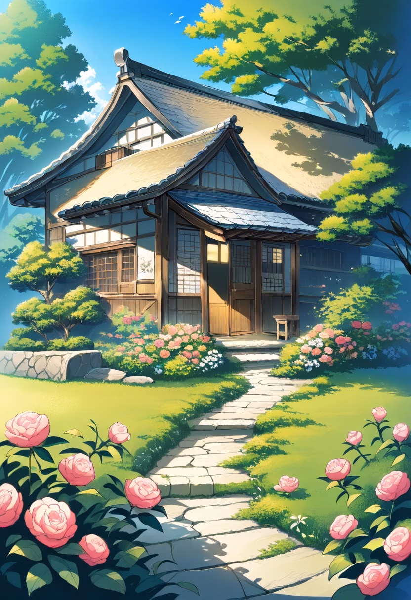 Rose Covered Cottage — view 5 — stone cottage surrounded by blooming roses, green garden, winding path, blue sky, warm summer light, charming countrysid
