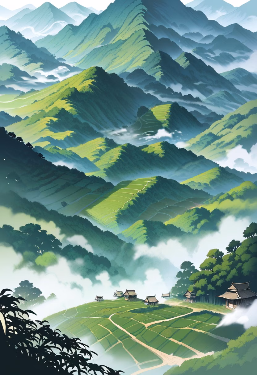 Misty Tea Plantation — view 1 — terraced tea plantation, misty hills, rows of tea bushes, workers path, morning fog, asia, agriculture, landscape, detai