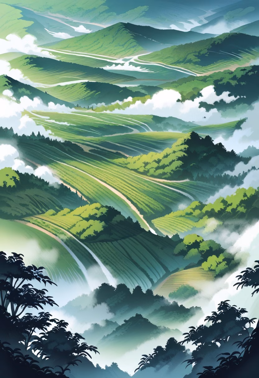 Misty Tea Plantation — view 2 — terraced tea plantation, misty hills, rows of tea bushes, workers path, morning fog, asia, agriculture, landscape, detai