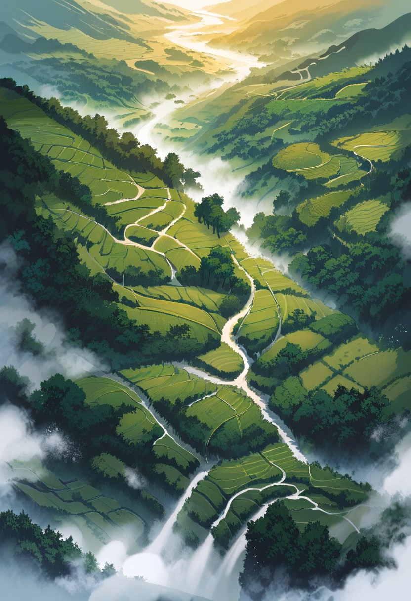 Misty Tea Plantation — view 3 — terraced tea plantation, misty hills, rows of tea bushes, workers path, morning fog, asia, agriculture, landscape, detai