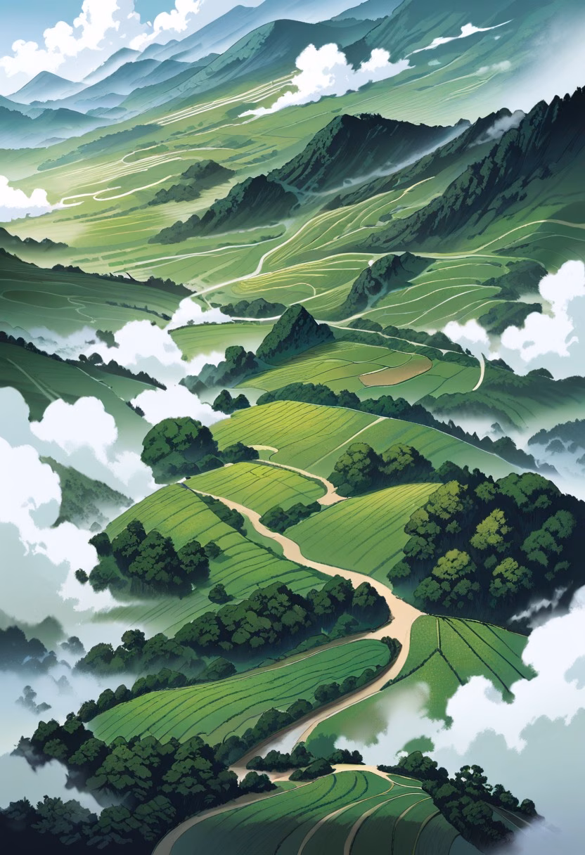 Misty Tea Plantation — view 4 — terraced tea plantation, misty hills, rows of tea bushes, workers path, morning fog, asia, agriculture, landscape, detai