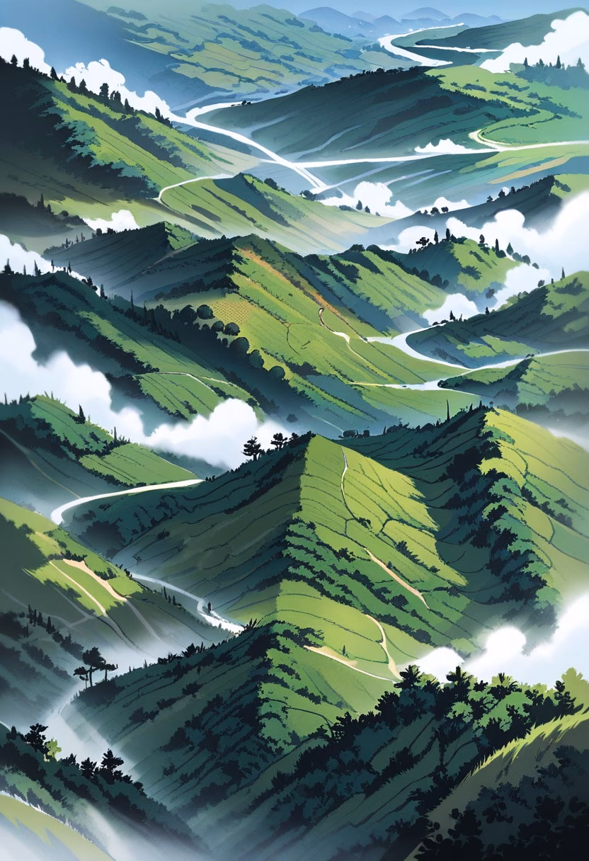 Misty Tea Plantation — view 5 — terraced tea plantation, misty hills, rows of tea bushes, workers path, morning fog, asia, agriculture, landscape, detai
