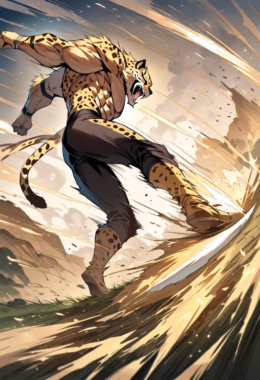 Cheetah at Full Sprint — view 2 — cheetah sprinting across golden savanna at full speed, dust kicking up, powerful muscles in motion, blurred grass, dynam