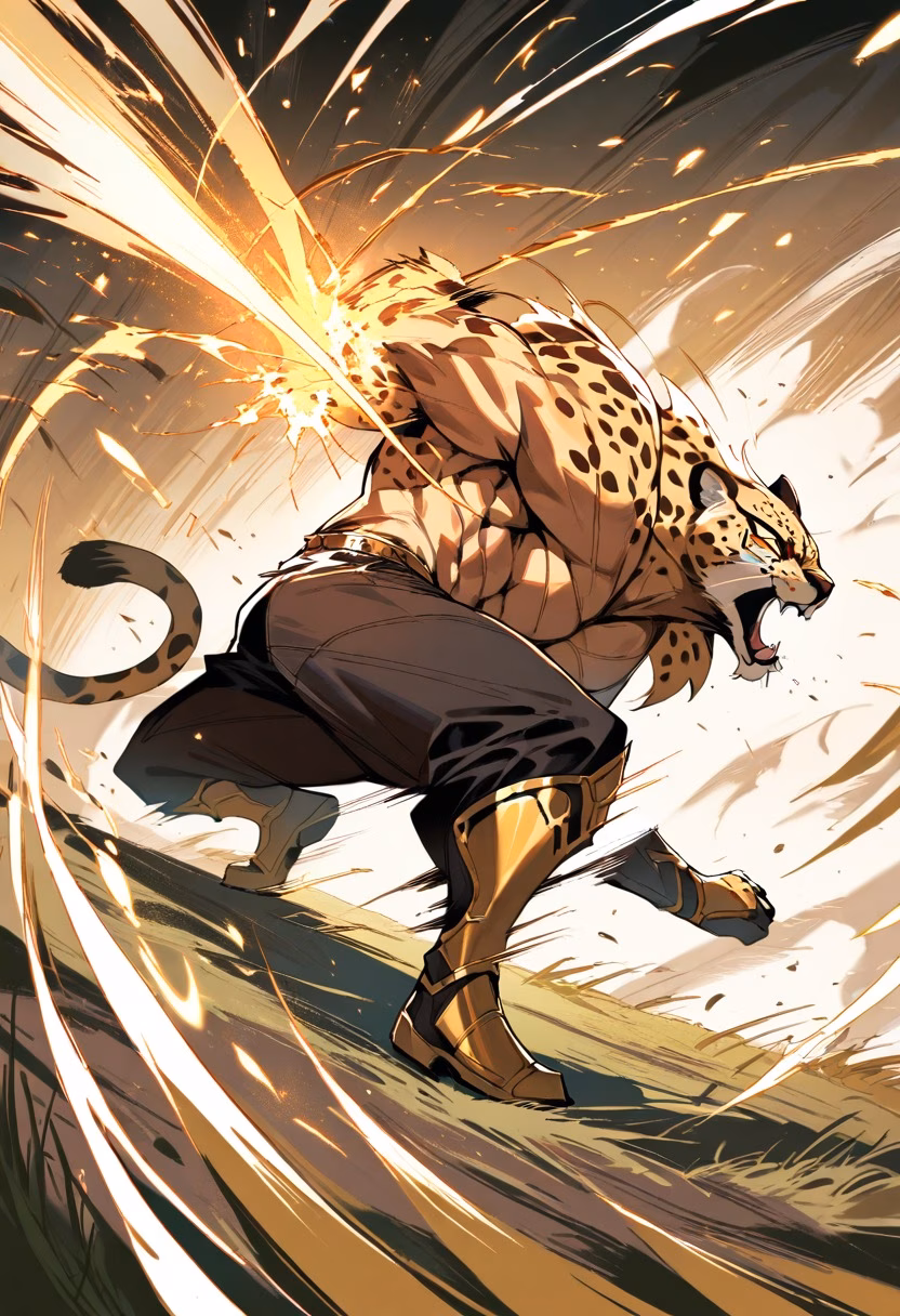Cheetah at Full Sprint — view 3 — cheetah sprinting across golden savanna at full speed, dust kicking up, powerful muscles in motion, blurred grass, dynam