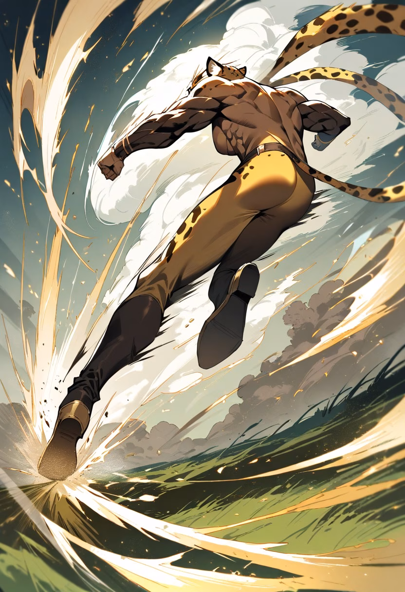 Cheetah at Full Sprint — view 4 — cheetah sprinting across golden savanna at full speed, dust kicking up, powerful muscles in motion, blurred grass, dynam