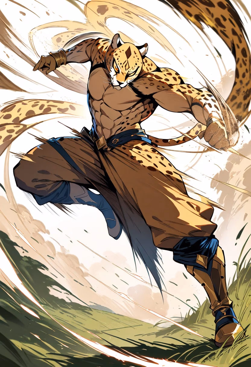 Cheetah at Full Sprint — view 5 — cheetah sprinting across golden savanna at full speed, dust kicking up, powerful muscles in motion, blurred grass, dynam