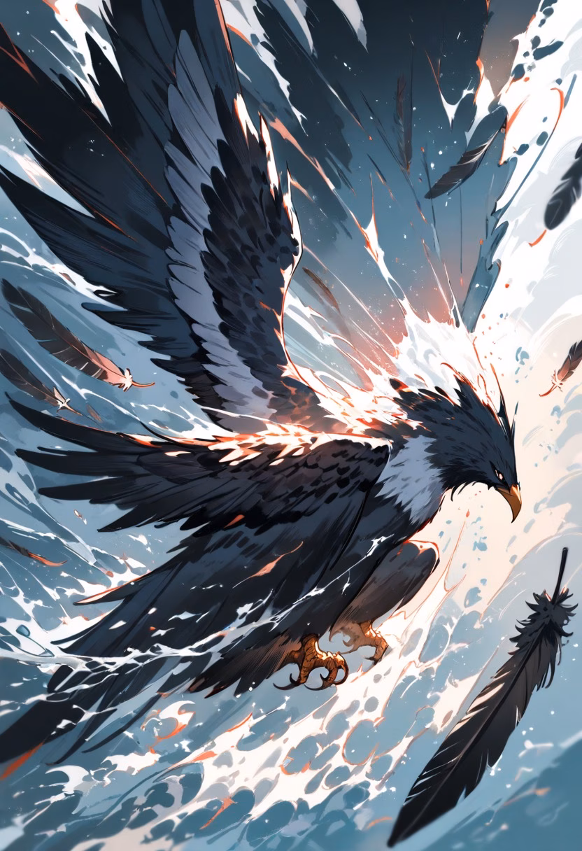 Eagle's Dive — view 1 — eagle diving steeply toward the water, wings folded back, talons extended, spray erupting below, dramatic hunting moment