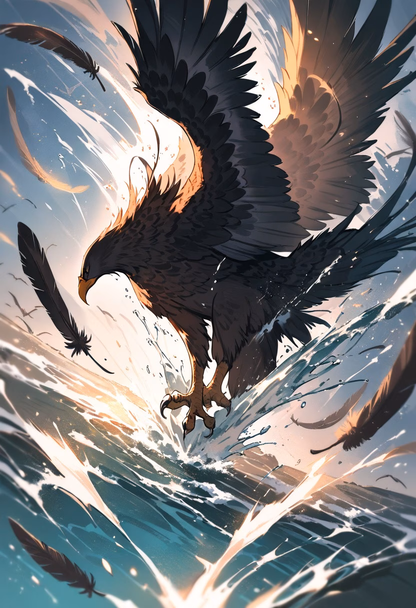 Eagle's Dive — view 2 — eagle diving steeply toward the water, wings folded back, talons extended, spray erupting below, dramatic hunting moment