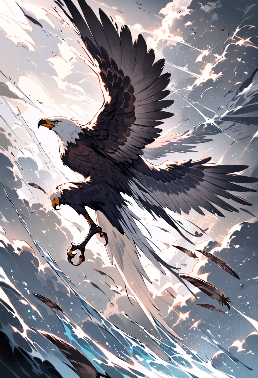Eagle's Dive — view 3 — eagle diving steeply toward the water, wings folded back, talons extended, spray erupting below, dramatic hunting moment