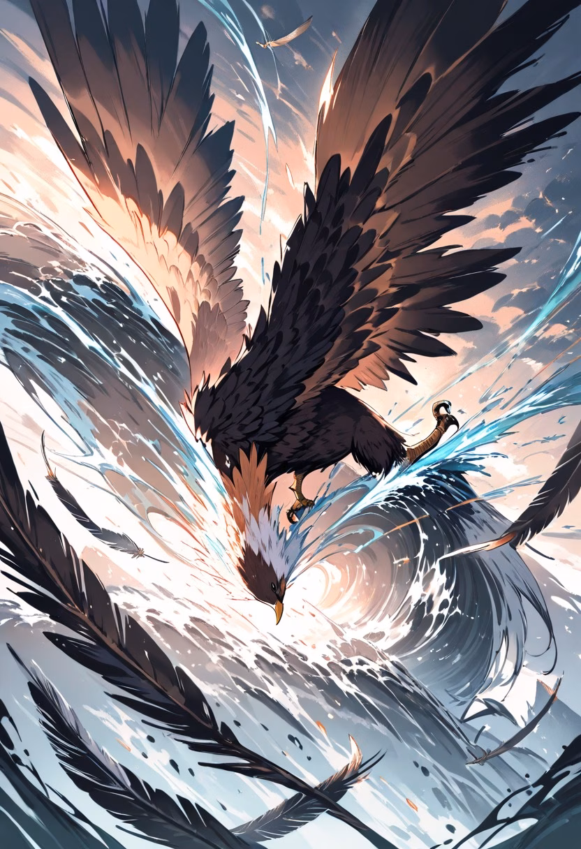 Eagle's Dive — view 4 — eagle diving steeply toward the water, wings folded back, talons extended, spray erupting below, dramatic hunting moment