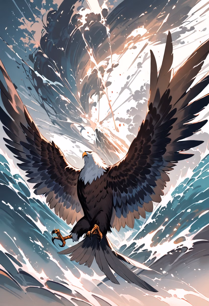 Eagle's Dive — view 5 — eagle diving steeply toward the water, wings folded back, talons extended, spray erupting below, dramatic hunting moment