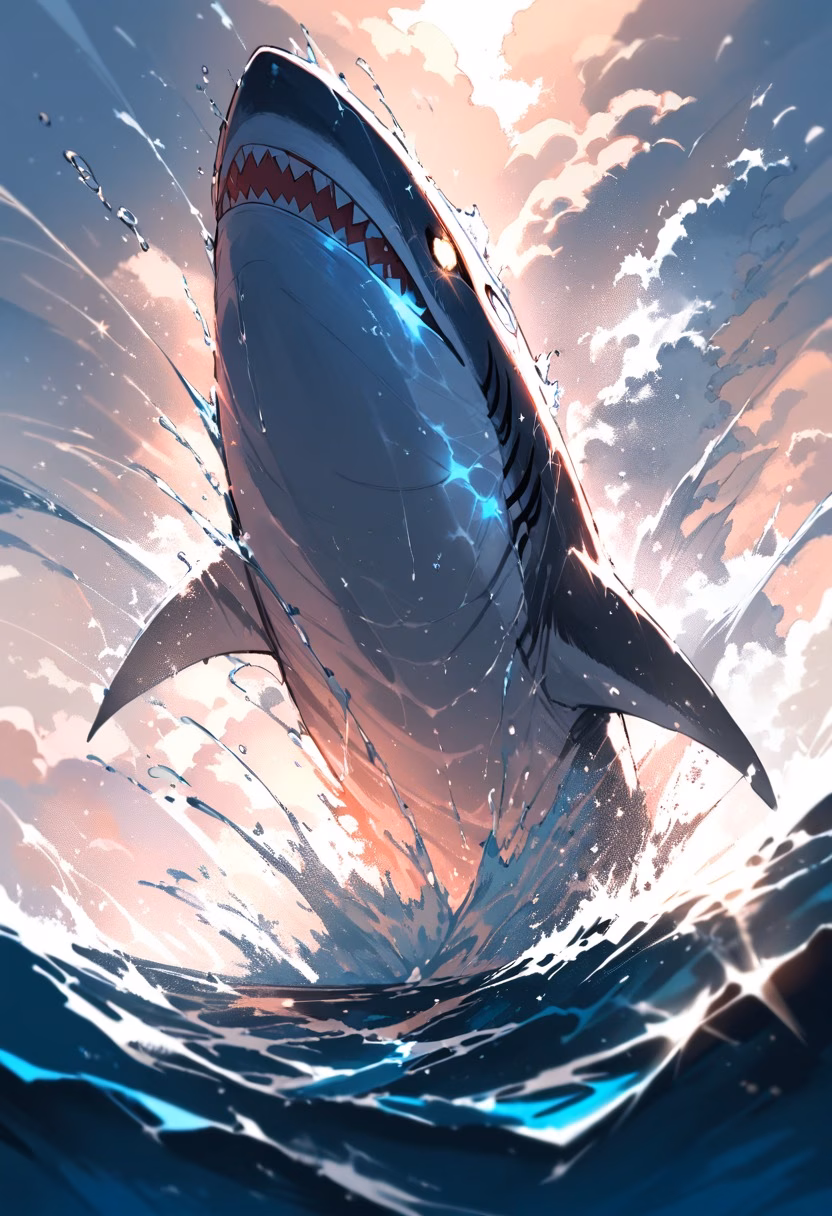 Shark Breach — view 1 — great white shark breaching the ocean surface, jaws open, water exploding around it, dramatic backlight, powerful motion