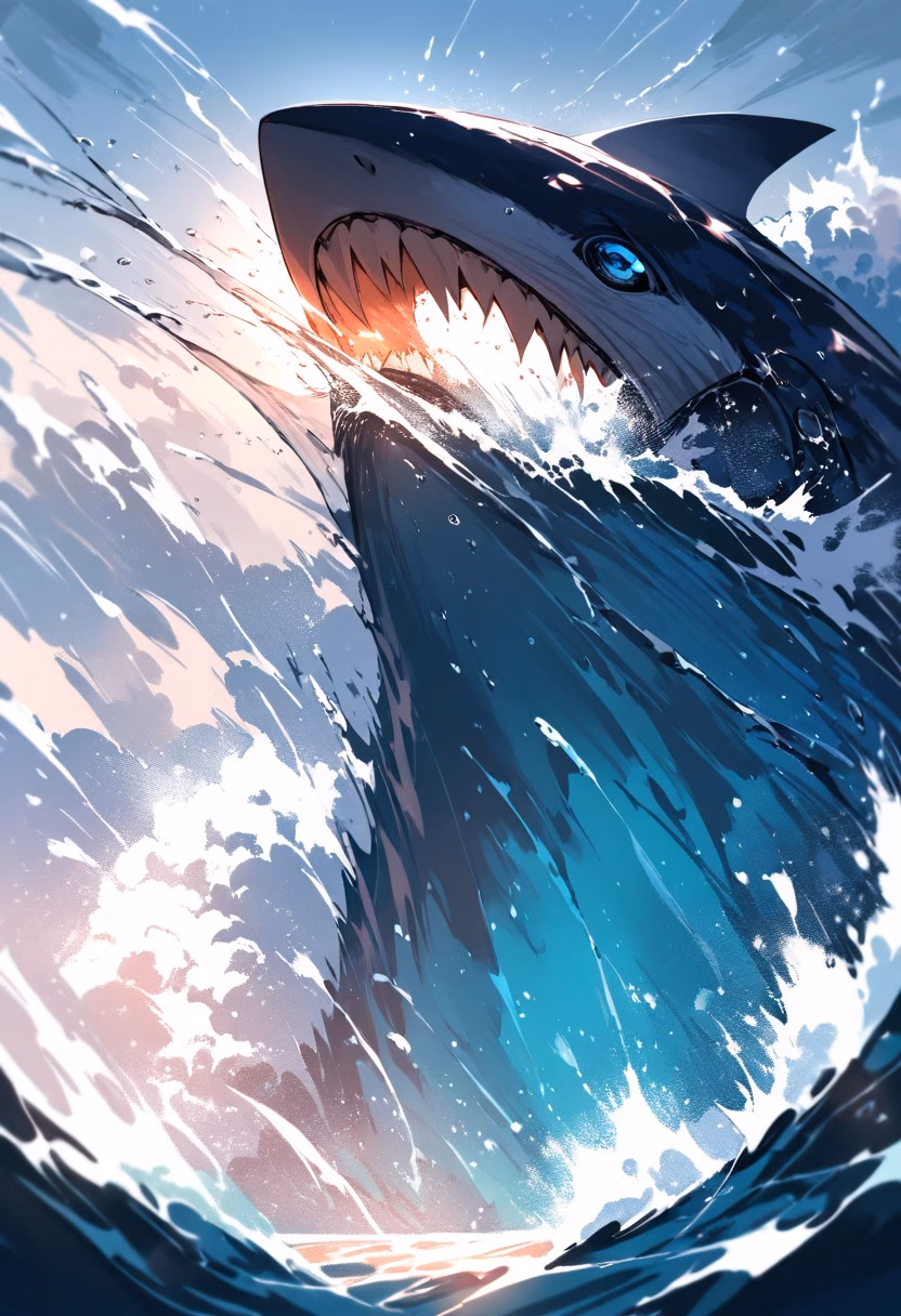 Shark Breach — view 2 — great white shark breaching the ocean surface, jaws open, water exploding around it, dramatic backlight, powerful motion