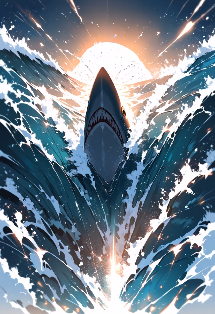 Shark Breach — view 3 — great white shark breaching the ocean surface, jaws open, water exploding around it, dramatic backlight, powerful motion