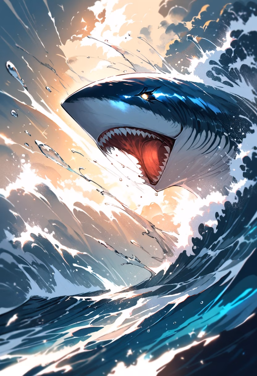 Shark Breach — view 4 — great white shark breaching the ocean surface, jaws open, water exploding around it, dramatic backlight, powerful motion
