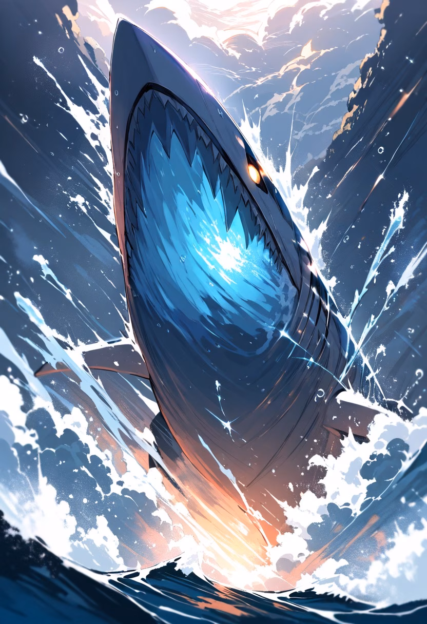 Shark Breach — view 5 — great white shark breaching the ocean surface, jaws open, water exploding around it, dramatic backlight, powerful motion