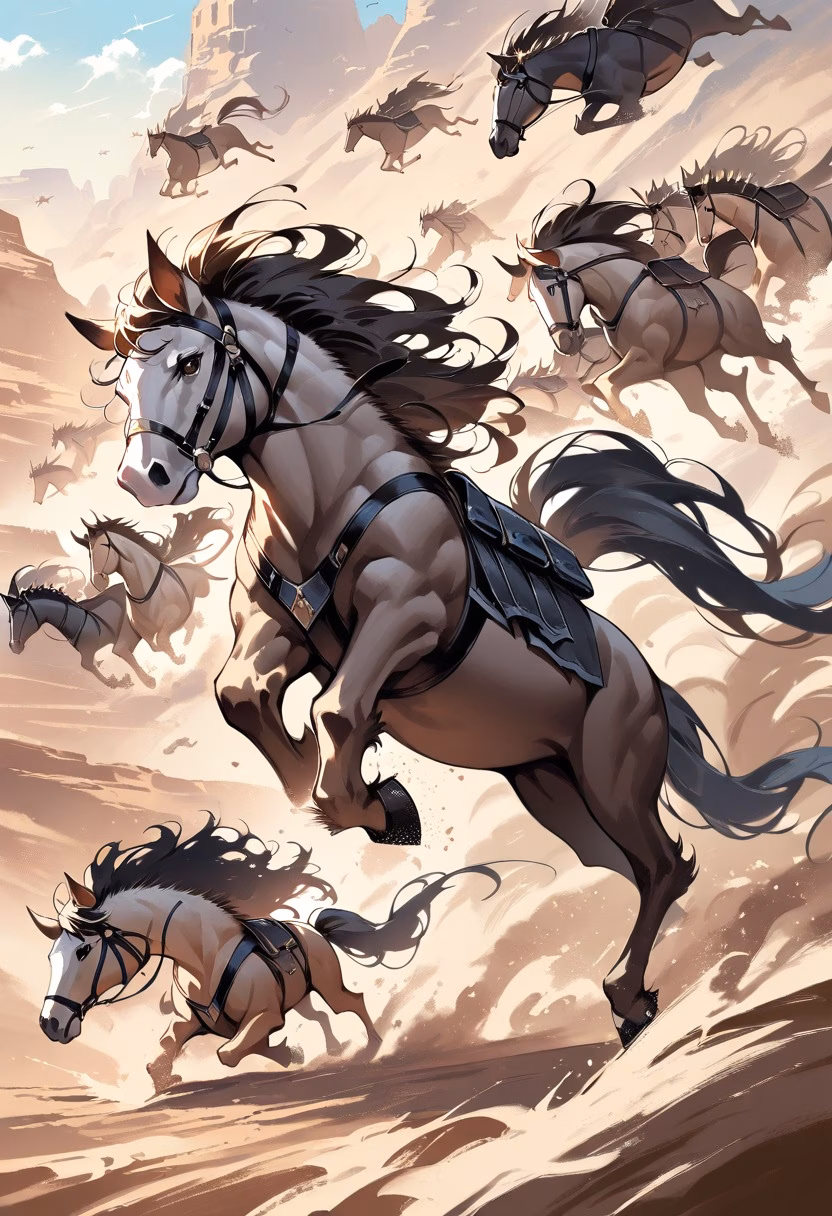 Mustangs in the Canyon — view 1 — wild mustangs galloping through a dust-filled canyon, manes flying, thundering hooves, warm desert light, dynamic herd m
