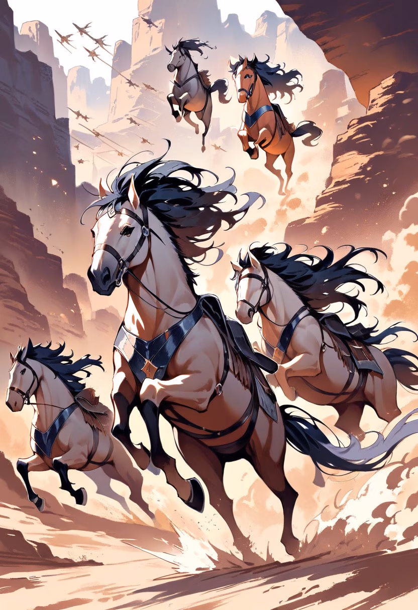 Mustangs in the Canyon — view 2 — wild mustangs galloping through a dust-filled canyon, manes flying, thundering hooves, warm desert light, dynamic herd m