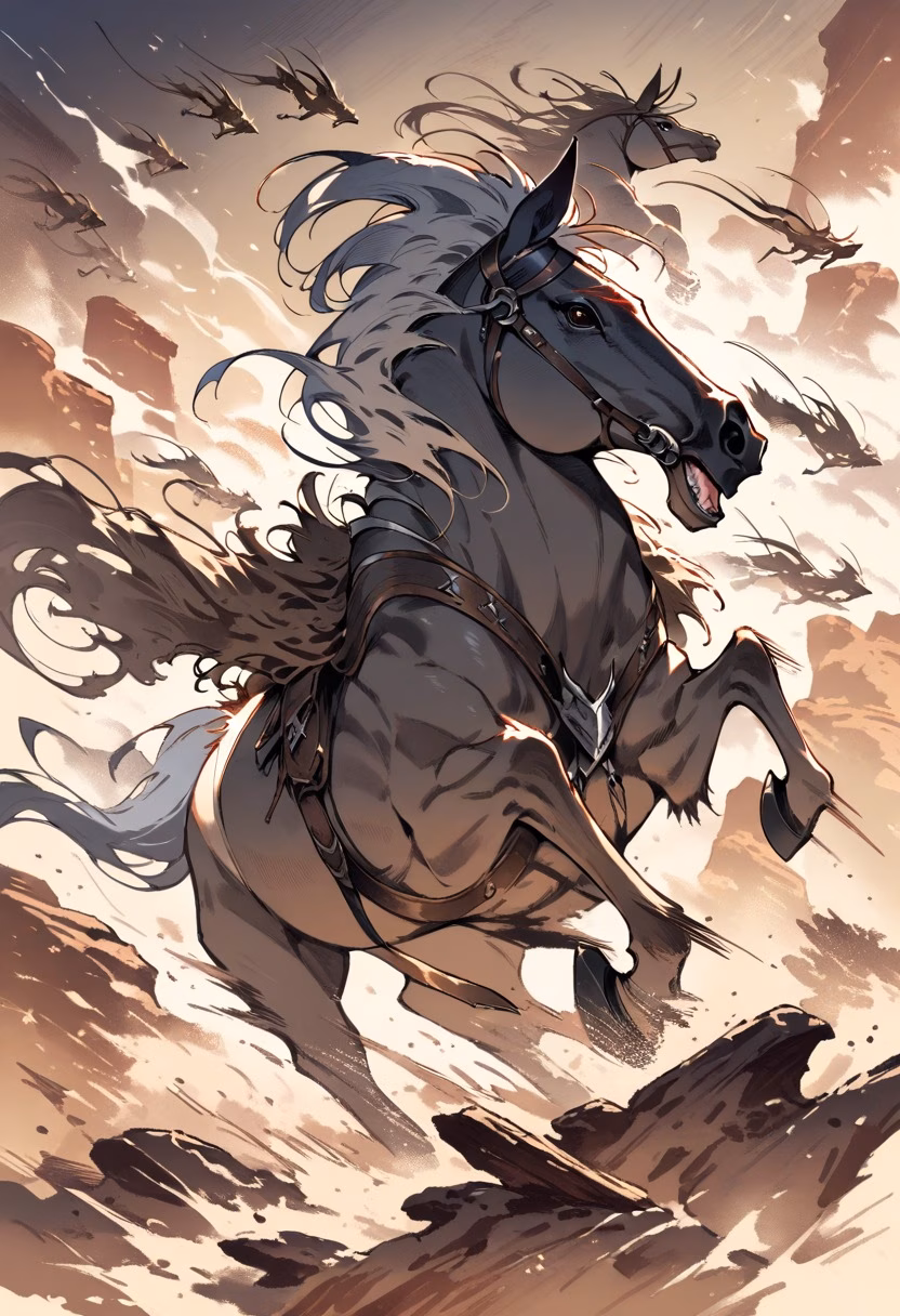 Mustangs in the Canyon — view 3 — wild mustangs galloping through a dust-filled canyon, manes flying, thundering hooves, warm desert light, dynamic herd m