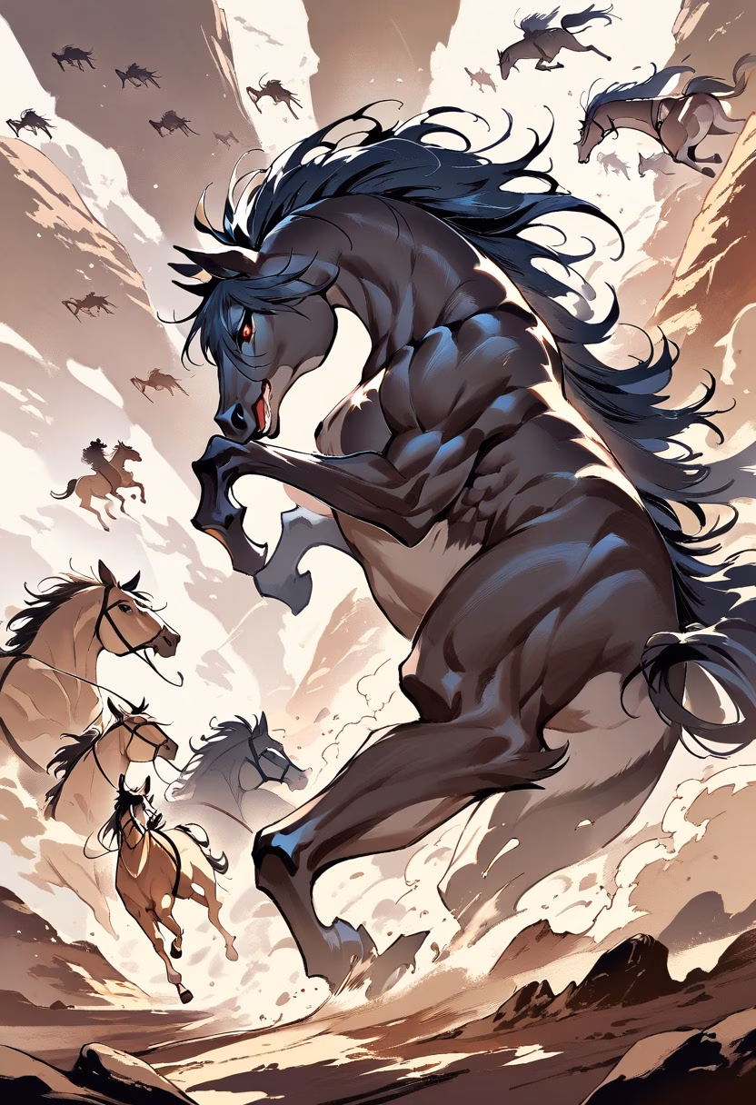 Mustangs in the Canyon — view 4 — wild mustangs galloping through a dust-filled canyon, manes flying, thundering hooves, warm desert light, dynamic herd m