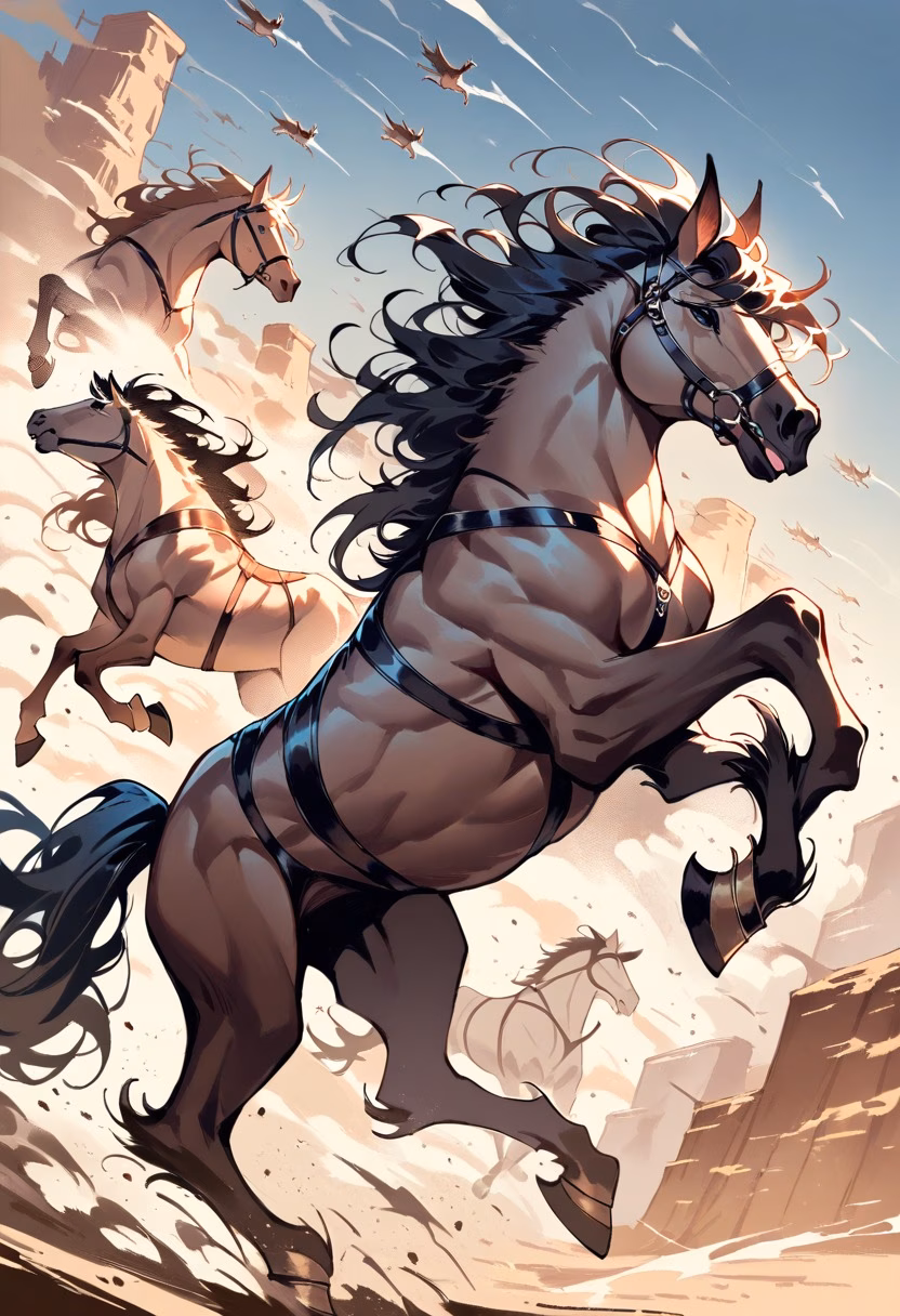 Mustangs in the Canyon — view 5 — wild mustangs galloping through a dust-filled canyon, manes flying, thundering hooves, warm desert light, dynamic herd m
