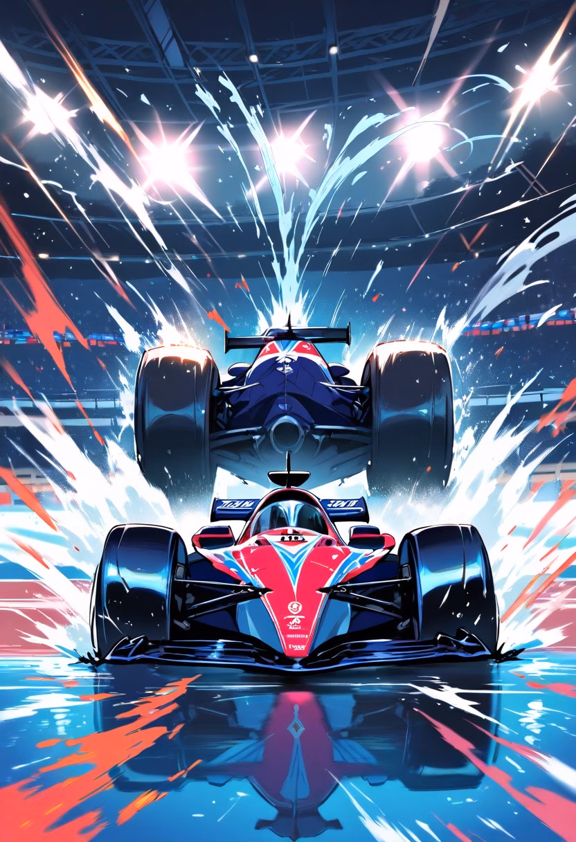 Wet Track Cornering — view 2 — formula race car cornering hard on a wet track, tire smoke, motion blur, spraying water, intense speed, dramatic stadium