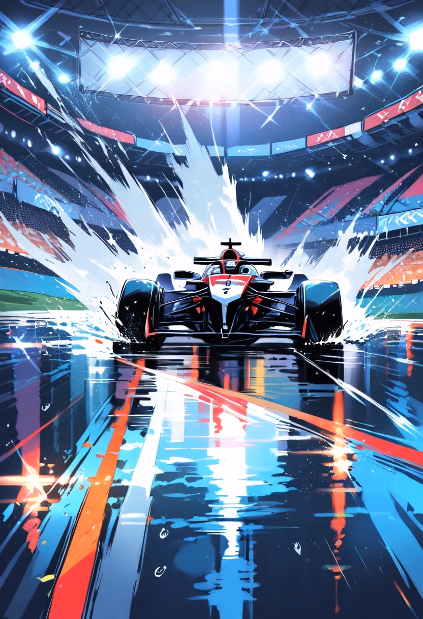 Wet Track Cornering — view 3 — formula race car cornering hard on a wet track, tire smoke, motion blur, spraying water, intense speed, dramatic stadium