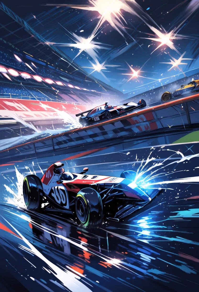 Wet Track Cornering — view 4 — formula race car cornering hard on a wet track, tire smoke, motion blur, spraying water, intense speed, dramatic stadium