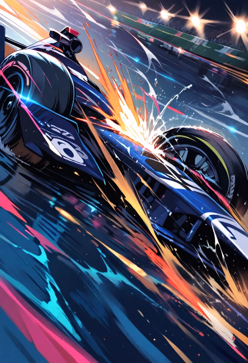 Wet Track Cornering — view 5 — formula race car cornering hard on a wet track, tire smoke, motion blur, spraying water, intense speed, dramatic stadium