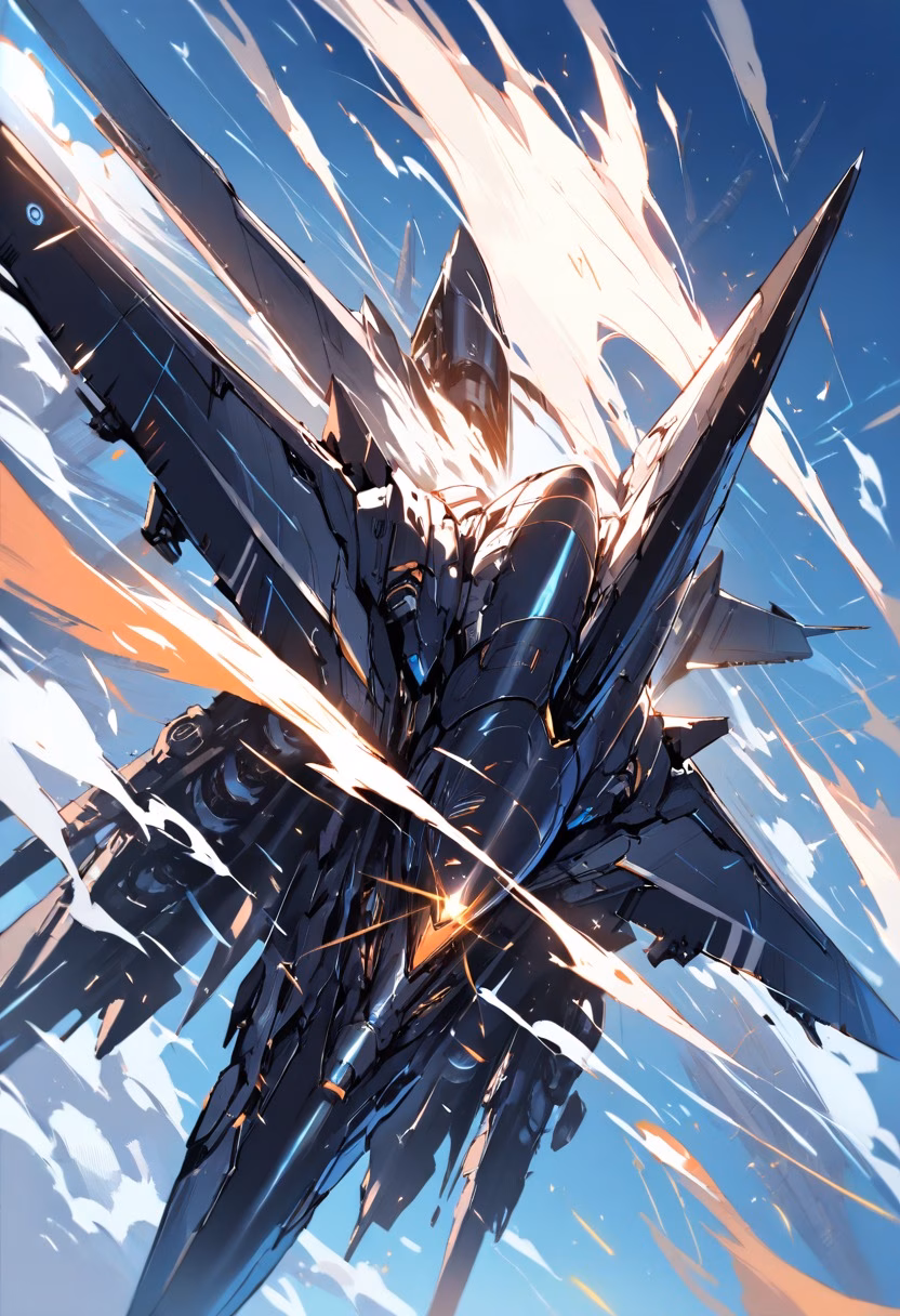 Breaking the Sound Barrier — view 1 — fighter jet breaking the sound barrier, vapor cone forming around fuselage, clear blue sky, intense speed, dramatic ligh