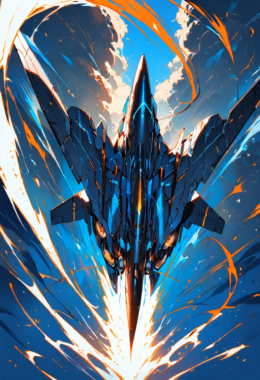 Breaking the Sound Barrier — view 4 — fighter jet breaking the sound barrier, vapor cone forming around fuselage, clear blue sky, intense speed, dramatic ligh