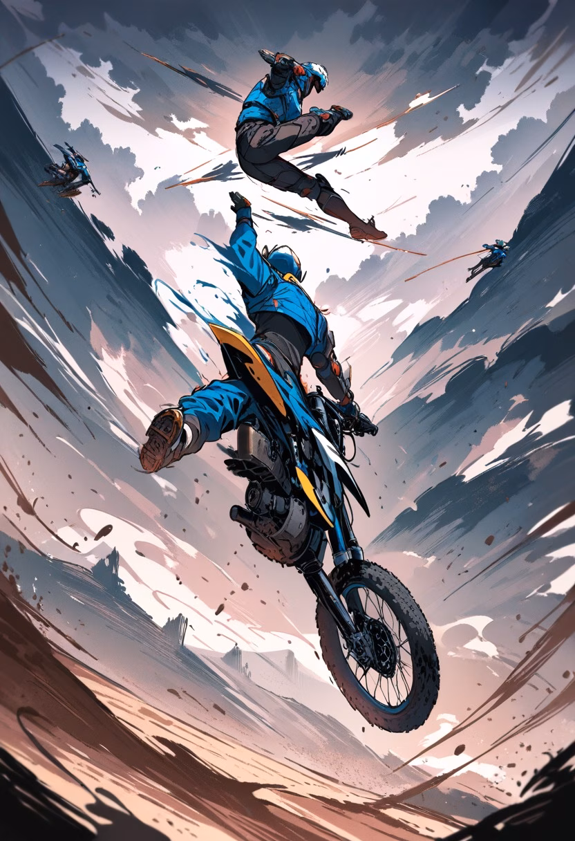 Motocross Jump — view 1 — motocross rider launching off a dirt jump, bike airborne, mud flying, dramatic sky backdrop, dynamic body position, deta