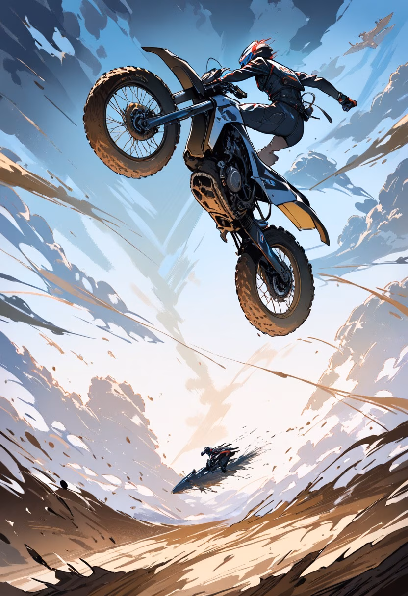 Motocross Jump — view 2 — motocross rider launching off a dirt jump, bike airborne, mud flying, dramatic sky backdrop, dynamic body position, deta