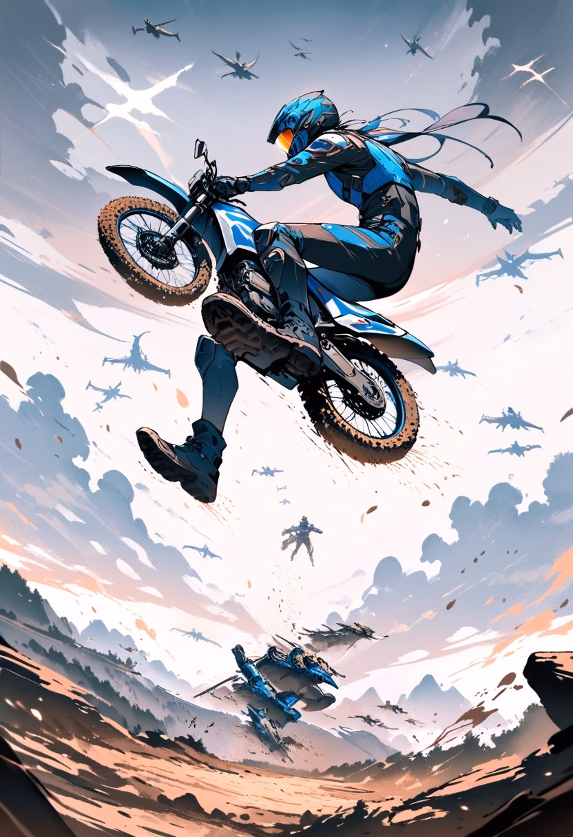 Motocross Jump — view 3 — motocross rider launching off a dirt jump, bike airborne, mud flying, dramatic sky backdrop, dynamic body position, deta