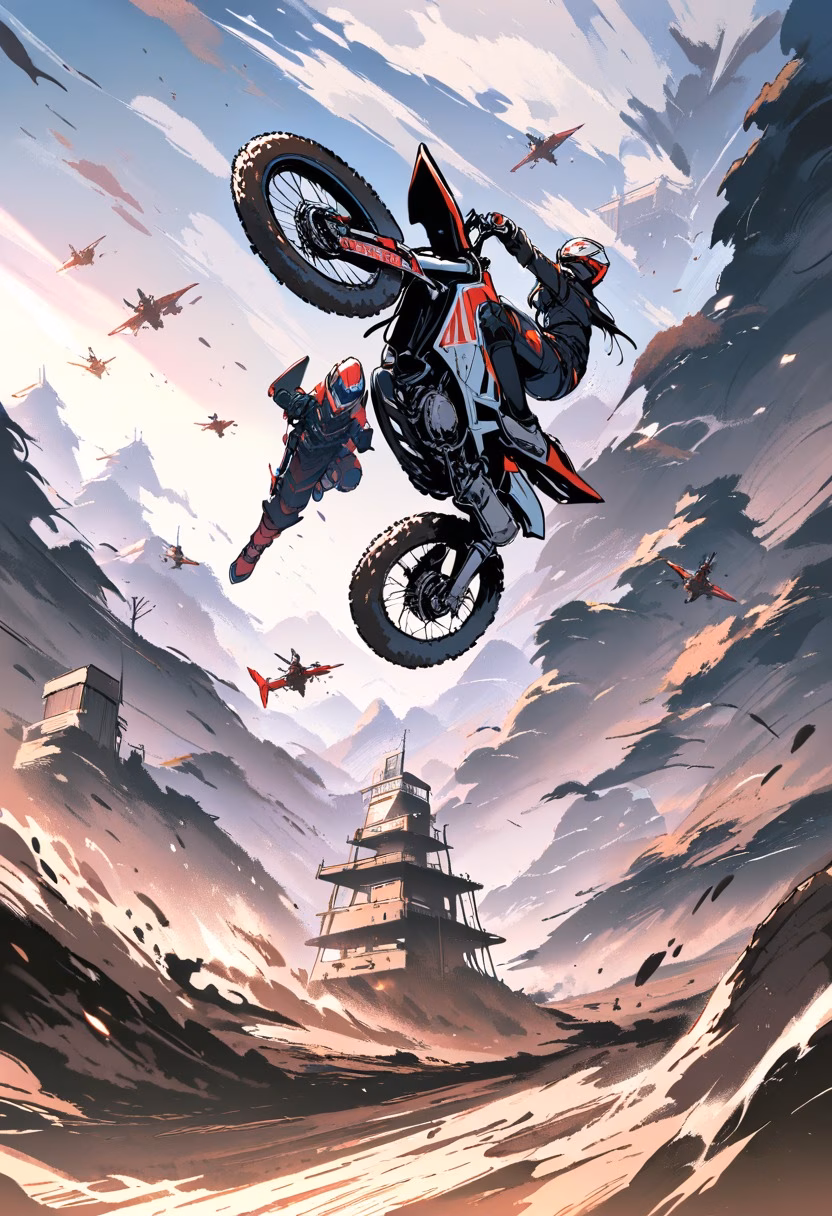 Motocross Jump — view 4 — motocross rider launching off a dirt jump, bike airborne, mud flying, dramatic sky backdrop, dynamic body position, deta